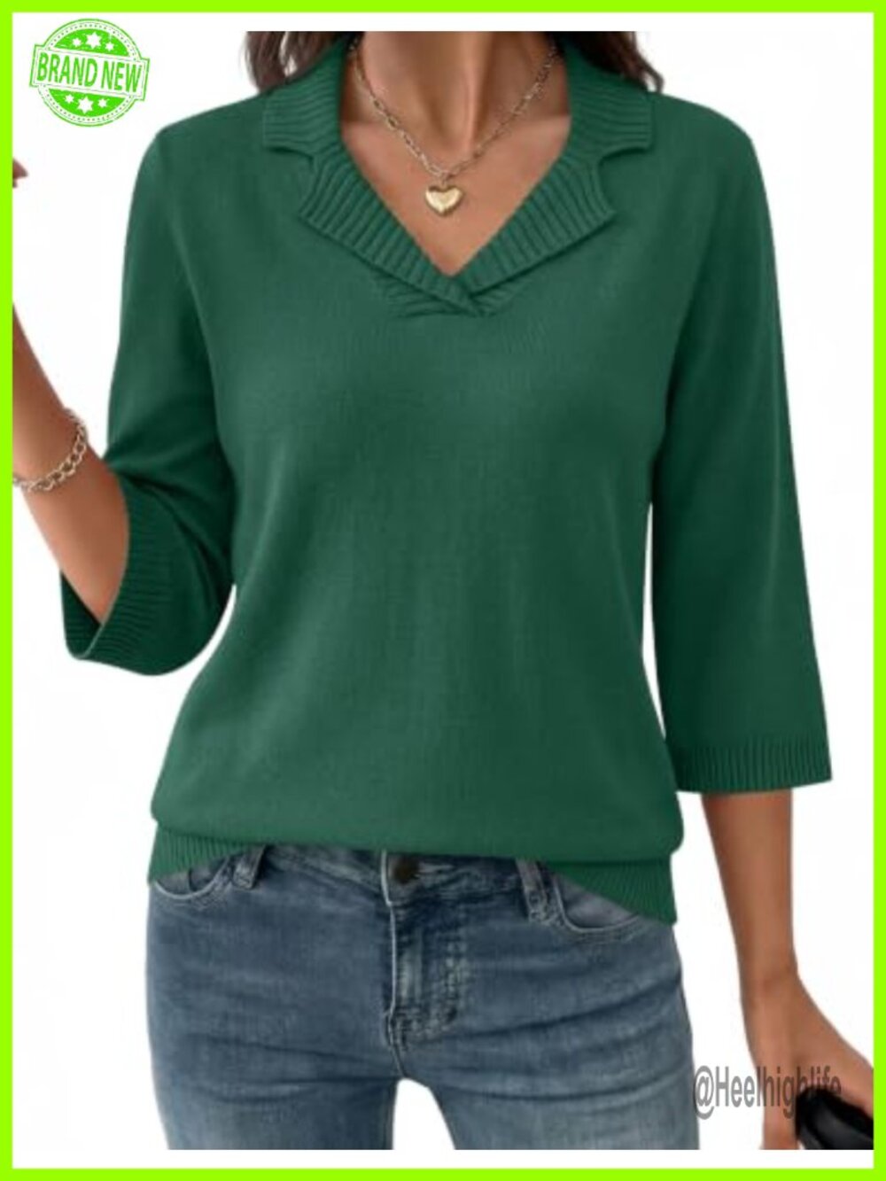 Collared V-Neck 3/4 Sleeve Knit Pullover Sweater